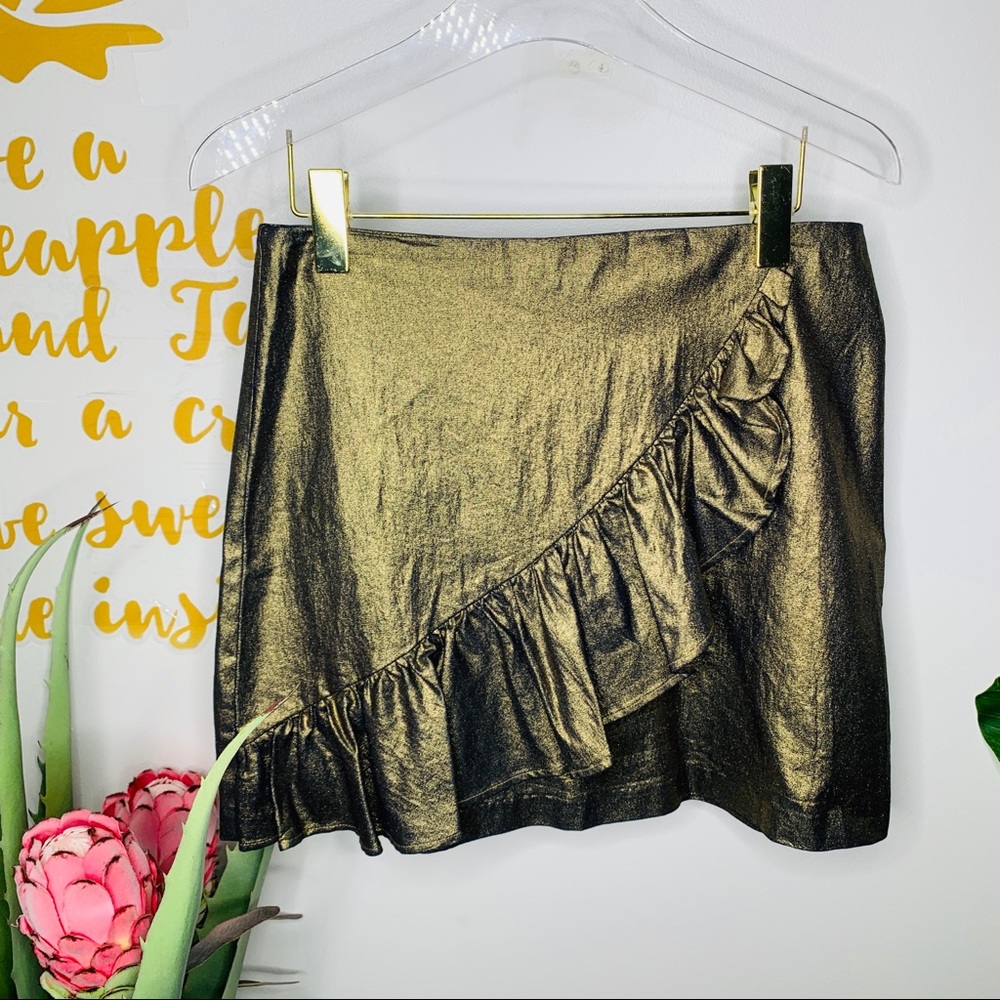 Gianni Bini Metallic Gold Ruffle Mini Skirt Large